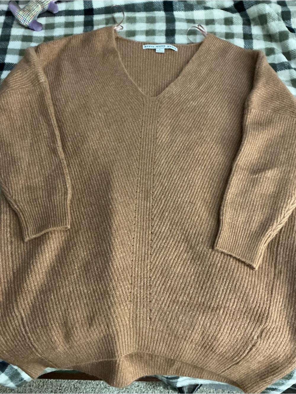 HYFVE Camel Ribbed V-Neck Sweater